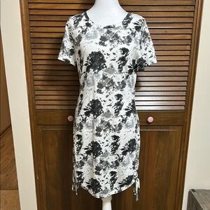 2LV Black, Gray, White Tie-Dye T-Shirt Dress Adjustable Drawstring Sides Size S